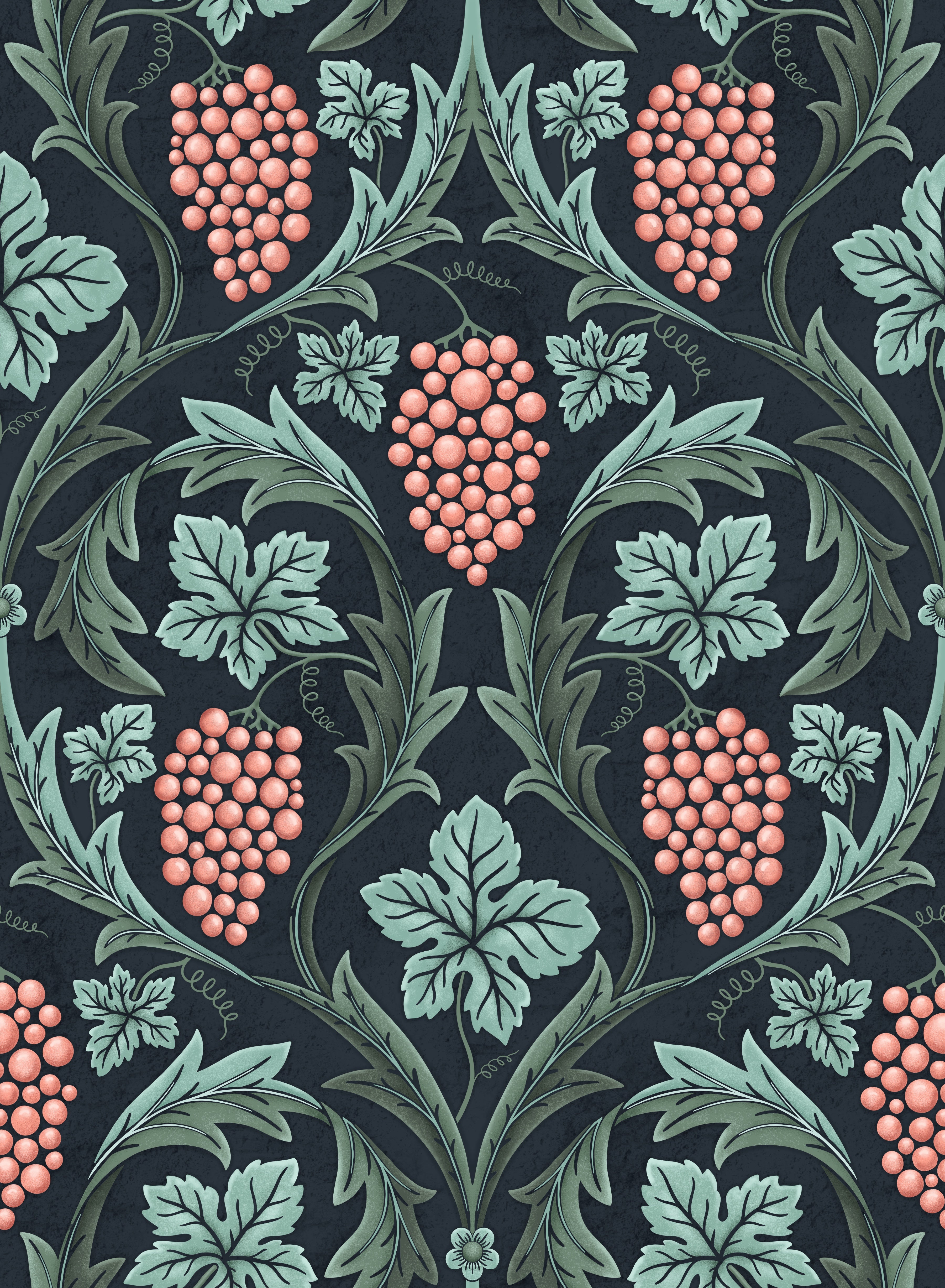 Decorative pattern with pink berries and green leaves on a dark background